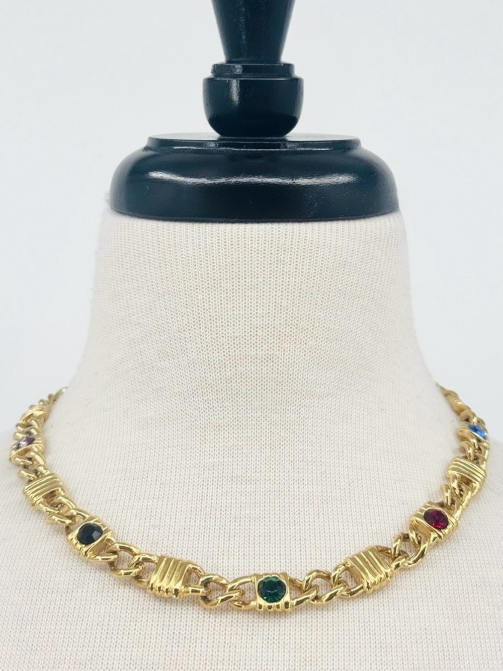 Vintage 1980s Multi Color Crystal Gold Tone Necklace
